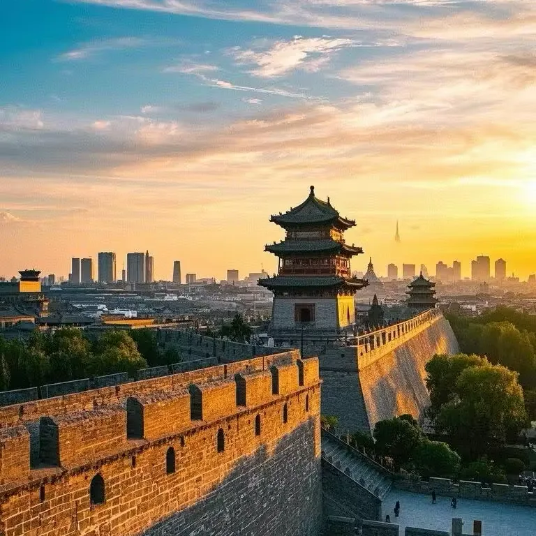 Zhengding ancient city wall and gate tower at sunset