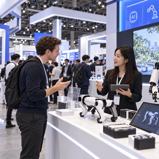 Visitor talking with an exhibitor at a technology expo
