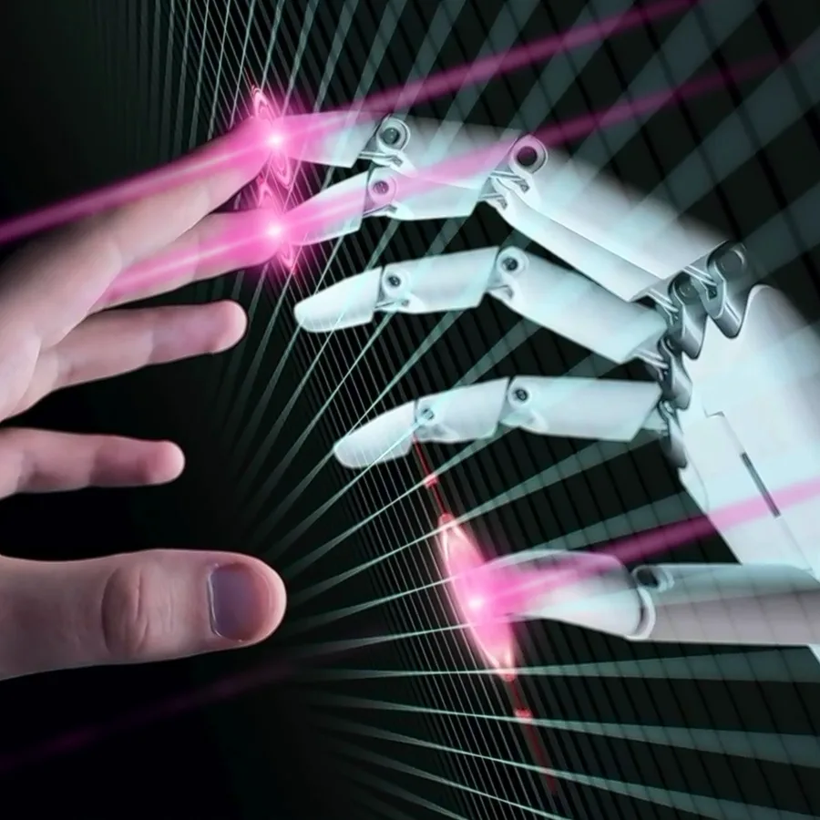 A human hand and a robot hand reaching towards each other