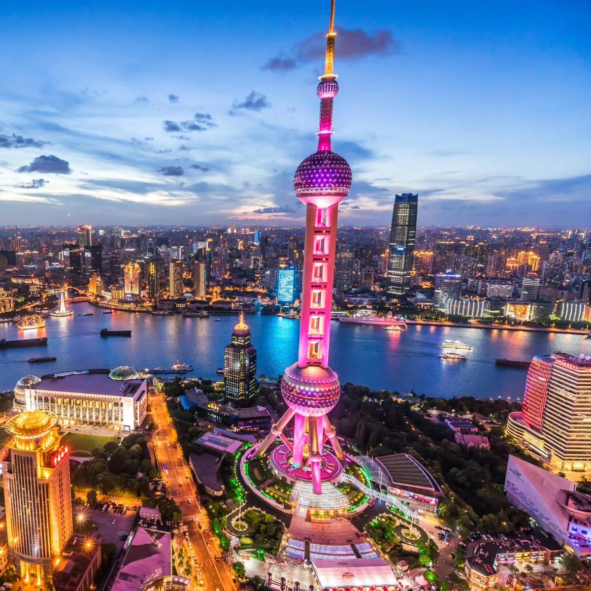 Shanghai skyline at dusk with the Oriental Pearl Tower