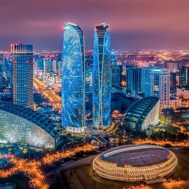 Chengdu's Tianfu twin towers lit at night