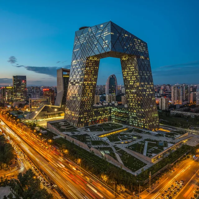 Beijing CCTV headquarters at dusk