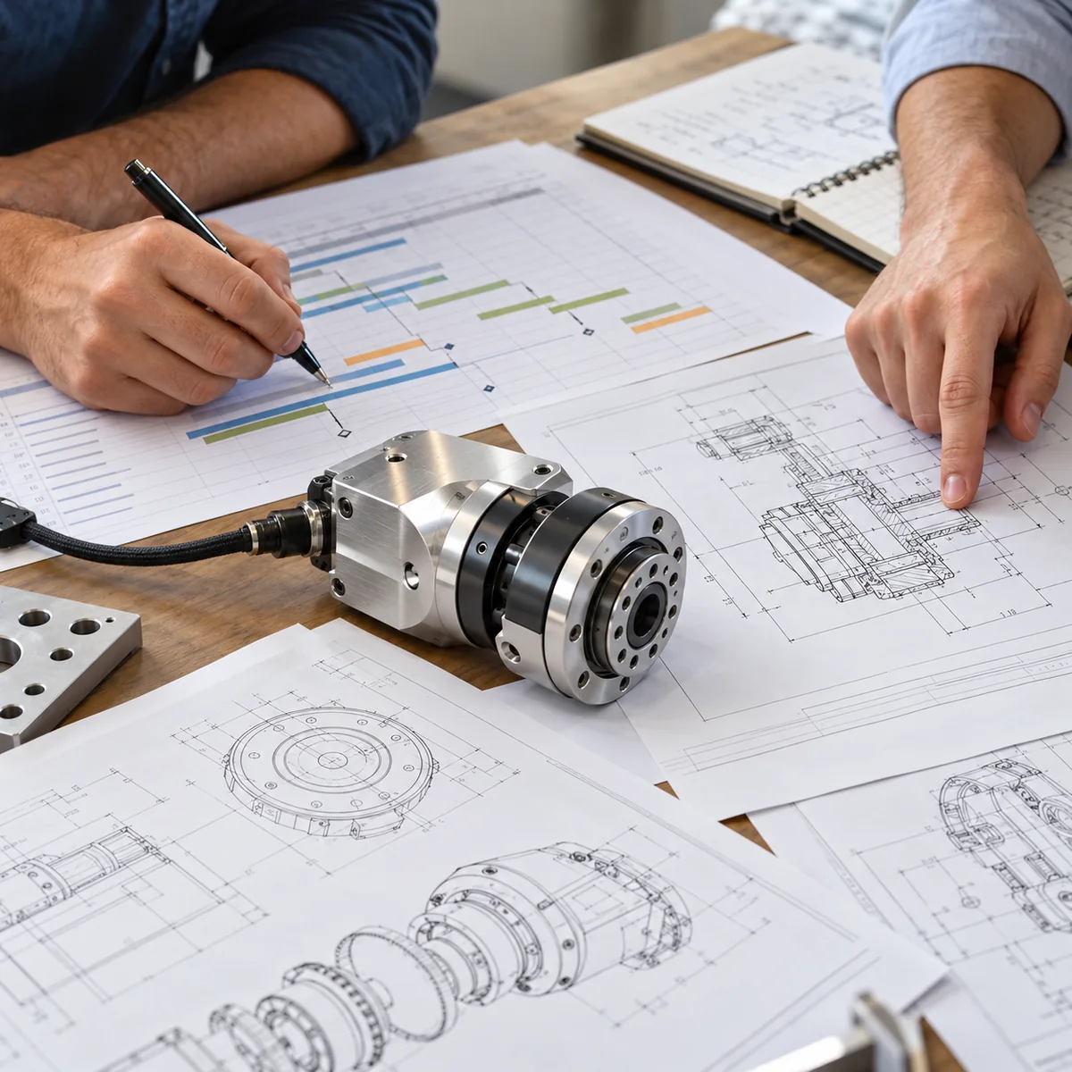 Colleagues planning an engineering project with drawings and a robot joint