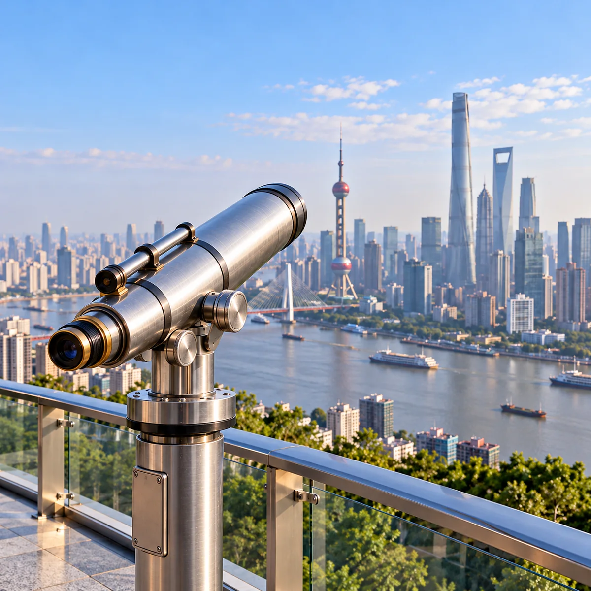 An observation telescope facing a modern Chinese city skyline